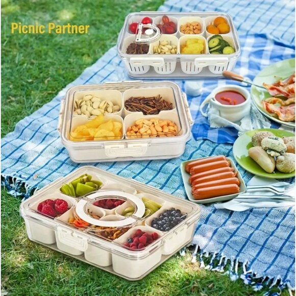 Divided Snack Serving Tray with Lid & Handle Large Food Storage Containers - Picture 4 of 6